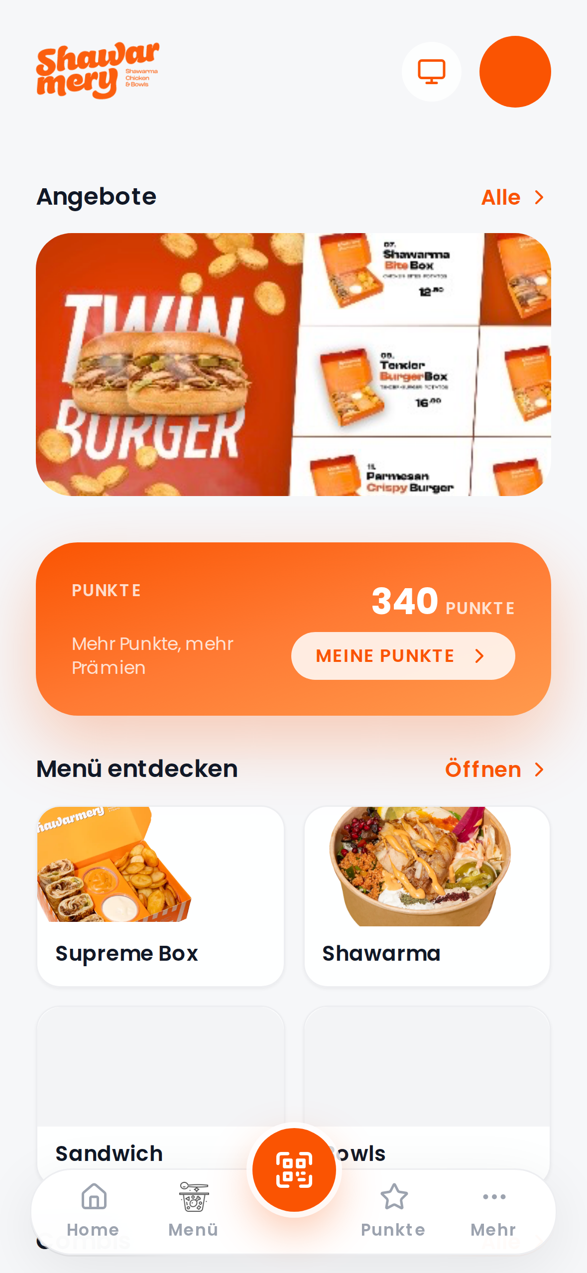 Startbildschirm der Shawarmery-App